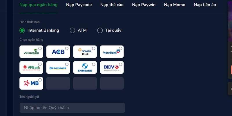 Hướng dẫn nạp cược với phương thức Internet Banking